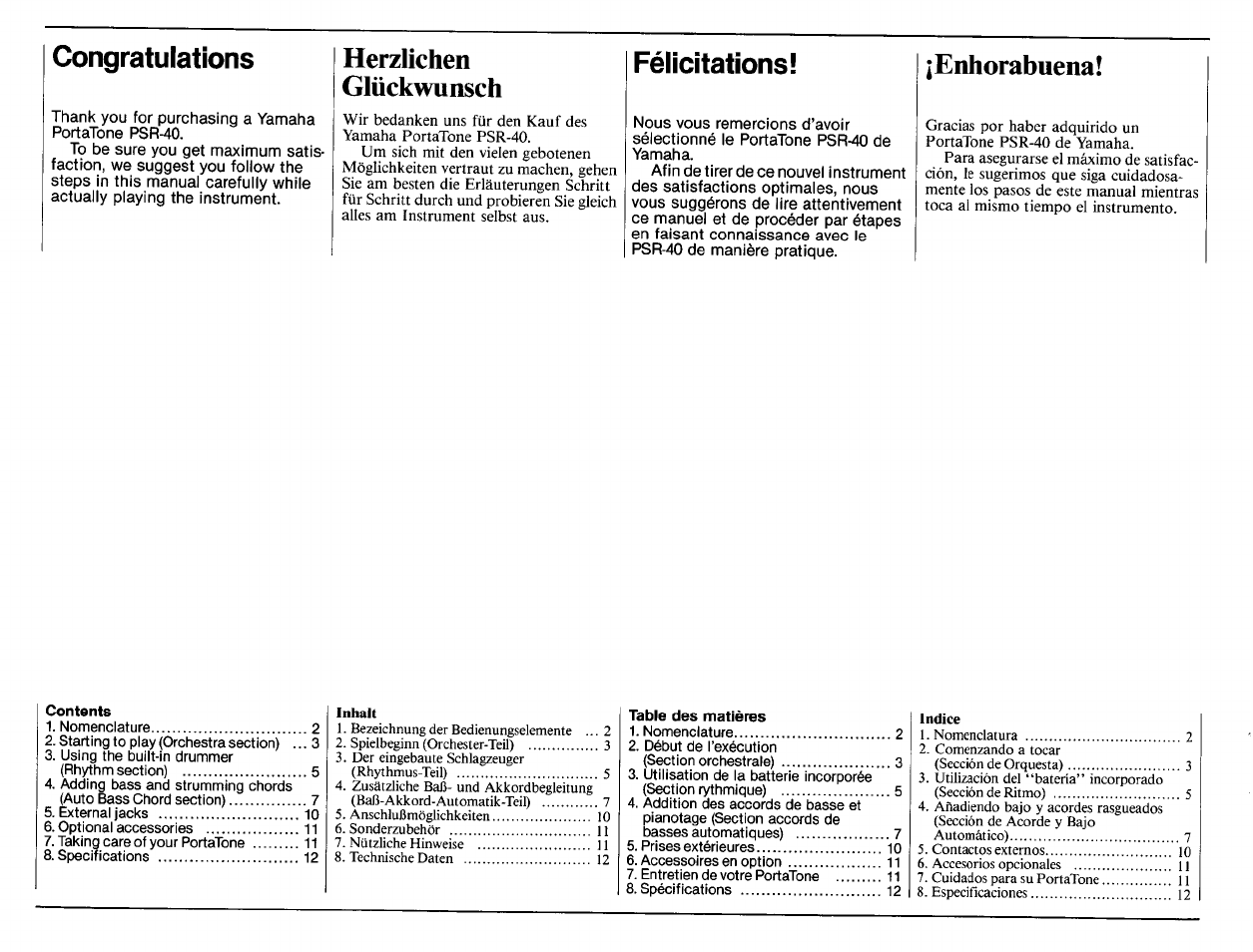 Félicitations, Herzlichen glückwunsch, Enhorabuena | Yamaha PSR-40 User Manual | Page 2 / 16