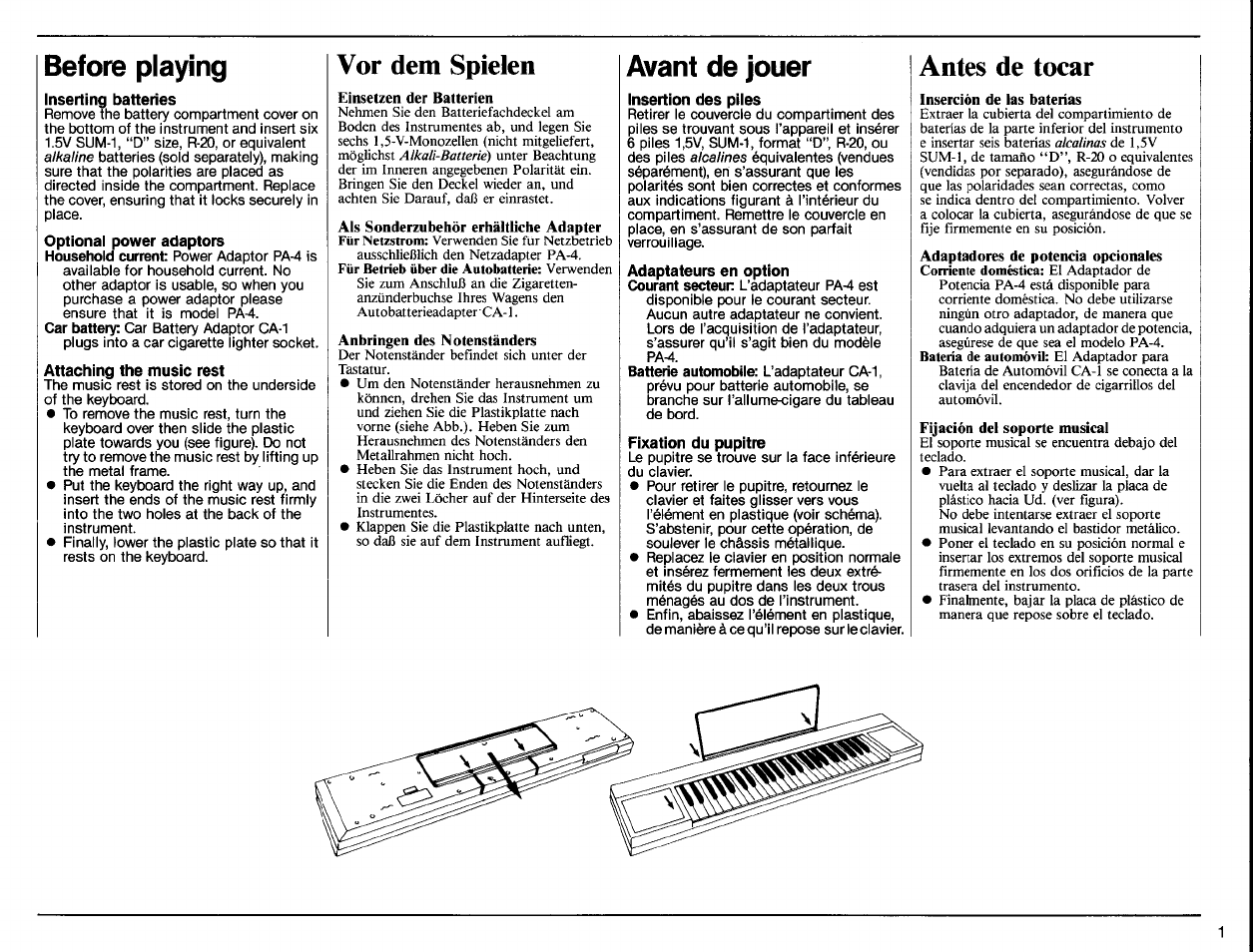 Before playing, Inserting batteries, Attaching the music rest | Avant de jouer, Insertion des piles, Fixation du pupitre, Vor dem spielen, Antes de tocar | Yamaha PSR-40 User Manual | Page 3 / 16