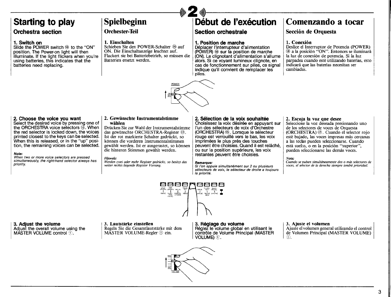 Starting to play, Switch on, Choose the voice you want | Orchester-teil, Début de l’exécution, Position de marche, Sélection de la voix souhaitée, Sección de orquesta, Réglage du volume, Sección de orquesta) | Yamaha PSR-40 User Manual | Page 5 / 16