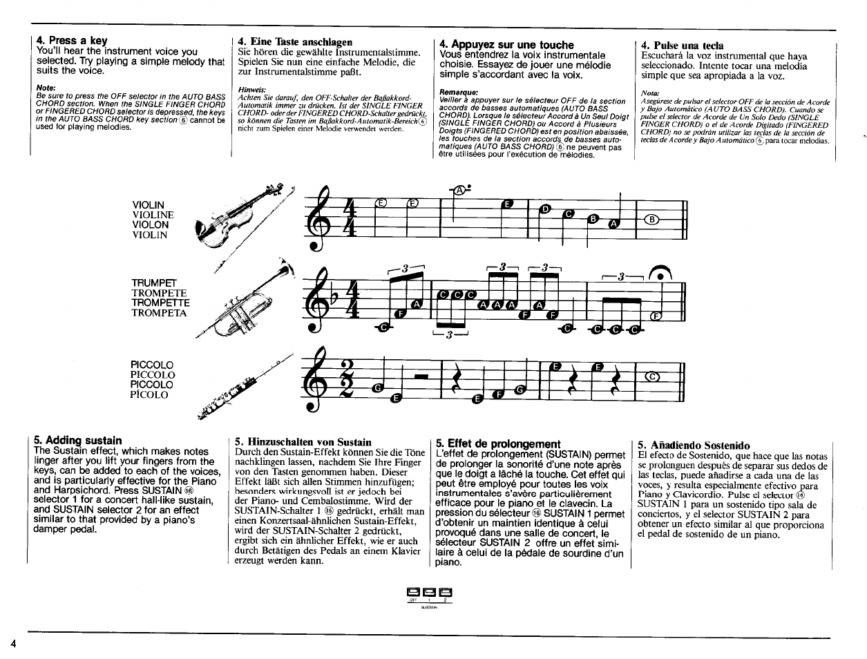 Press a key, Appuyez sur une touche, Adding sustain | Effet de prolongement | Yamaha PSR-40 User Manual | Page 6 / 16