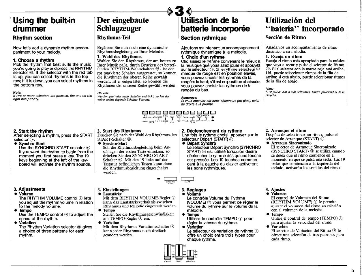 Using the built-in dmmmer, Choose a rtiythm, Start the rhythm | Rhythmus-teil, Utilisation de la batterie incorporée, Déclenchement du rythme, Sección de ritmo, Rhythmus-teil), Sección de ritmo), Der eingebaute schlagzeuger | Yamaha PSR-40 User Manual | Page 7 / 16