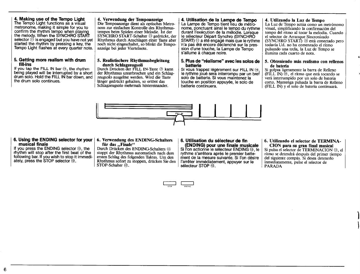 Making use of the tempo light, Getting more realism with drum fill-ins, Utilisation de la lampe de tempo | Plus de “réalisme’* avec les solos de batterie, Using the ending selector for your musical finale | Yamaha PSR-40 User Manual | Page 8 / 16