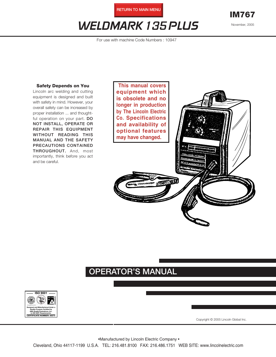 Lincoln Electric IM767 WELDMARK 135 PLUS User Manual | 47 pages