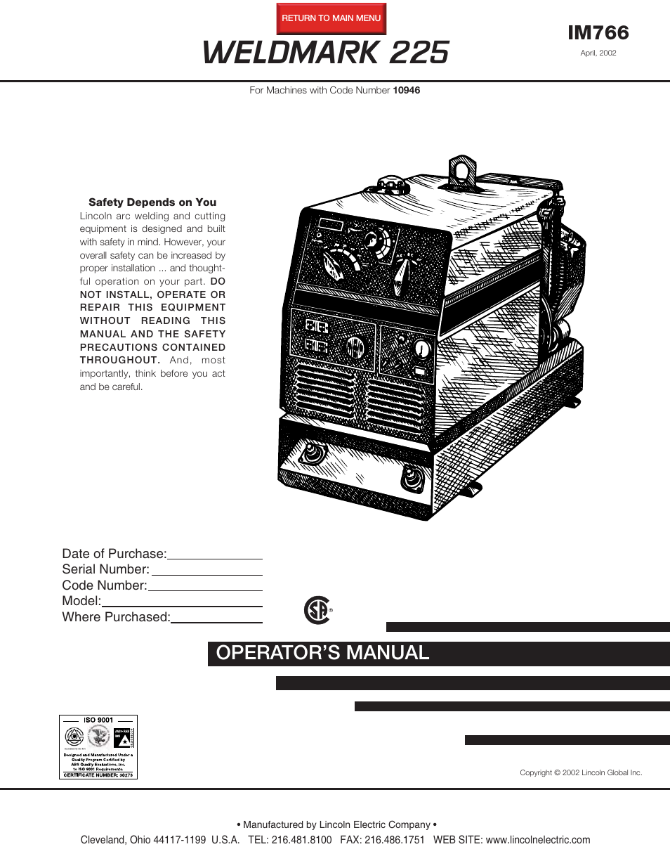 Lincoln Electric IM766 WELDMARK 225 User Manual | 36 pages