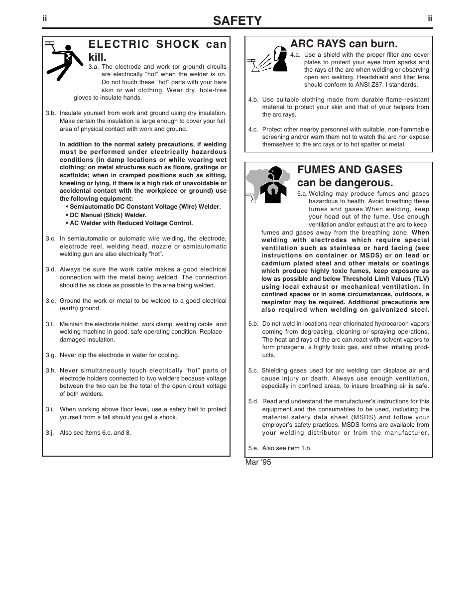Safety, Arc rays can burn, Electric shock can kill | Fumes and gases can be dangerous | Lincoln Electric IM806 WELDMARK 225 User Manual | Page 3 / 37