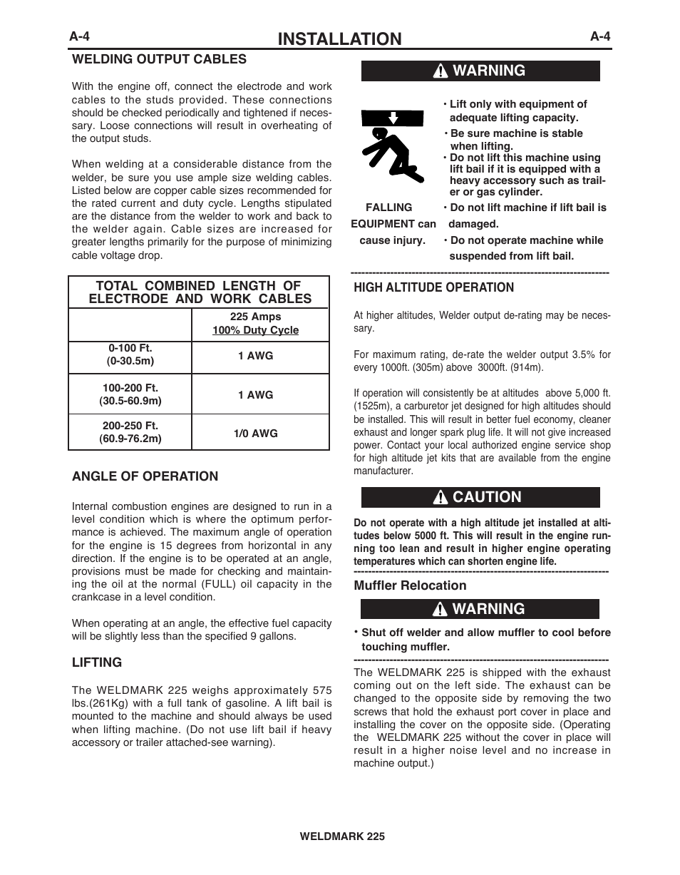 Installation, Caution warning, Warning | Lincoln Electric IM927 WELDMARK 225 User Manual | Page 11 / 35