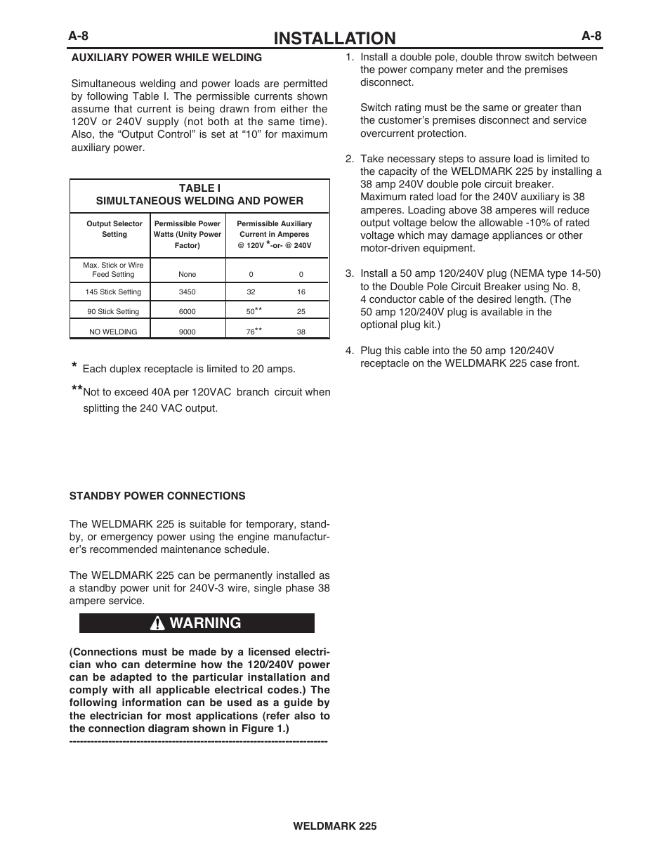 Installation, Warning | Lincoln Electric IM927 WELDMARK 225 User Manual | Page 15 / 35