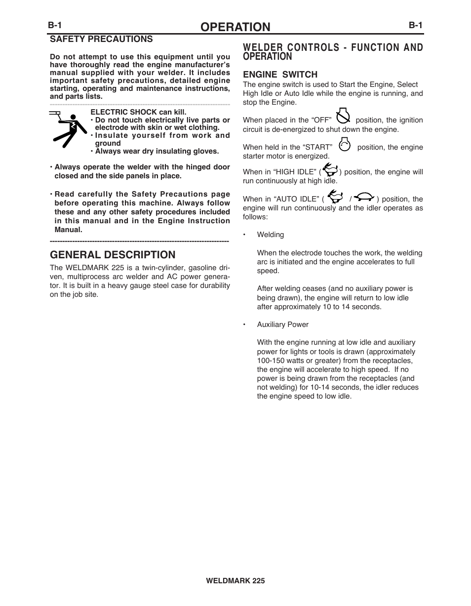 Operation, Welder controls - function and operation, General description | Lincoln Electric IM927 WELDMARK 225 User Manual | Page 17 / 35