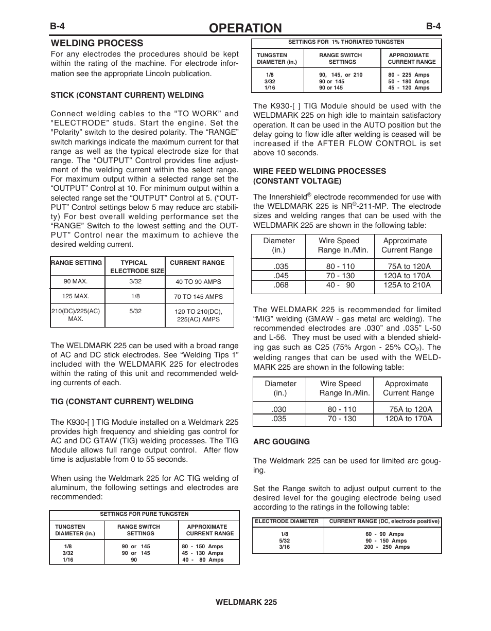 Operation, B-4 welding process | Lincoln Electric IM927 WELDMARK 225 User Manual | Page 20 / 35