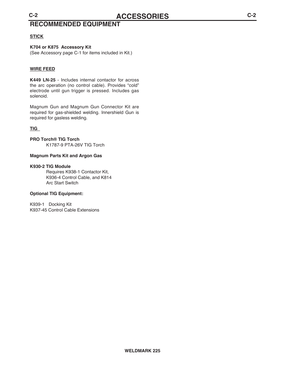 Accessories, Recommended equipment | Lincoln Electric IM927 WELDMARK 225 User Manual | Page 23 / 35