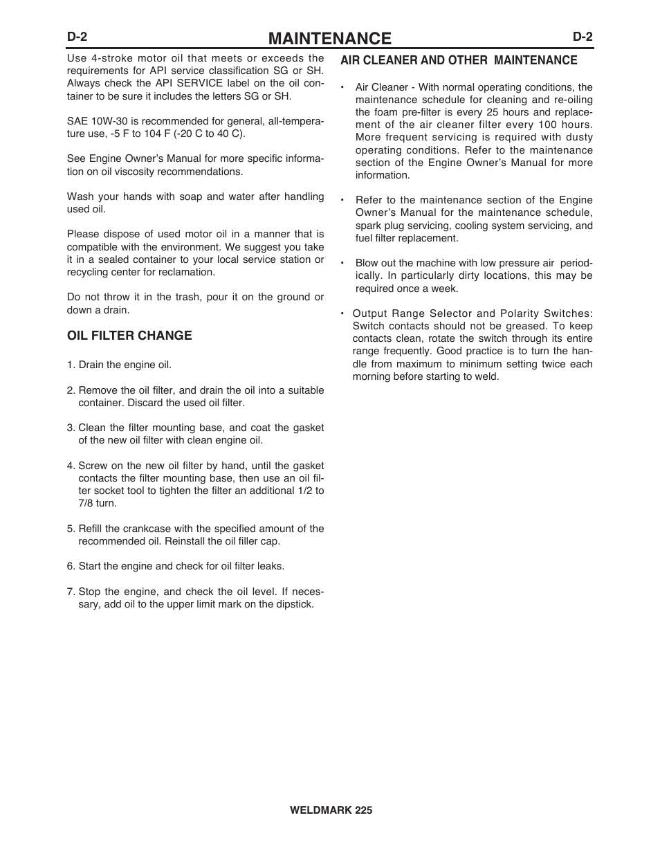 Maintenance | Lincoln Electric IM927 WELDMARK 225 User Manual | Page 25 / 35