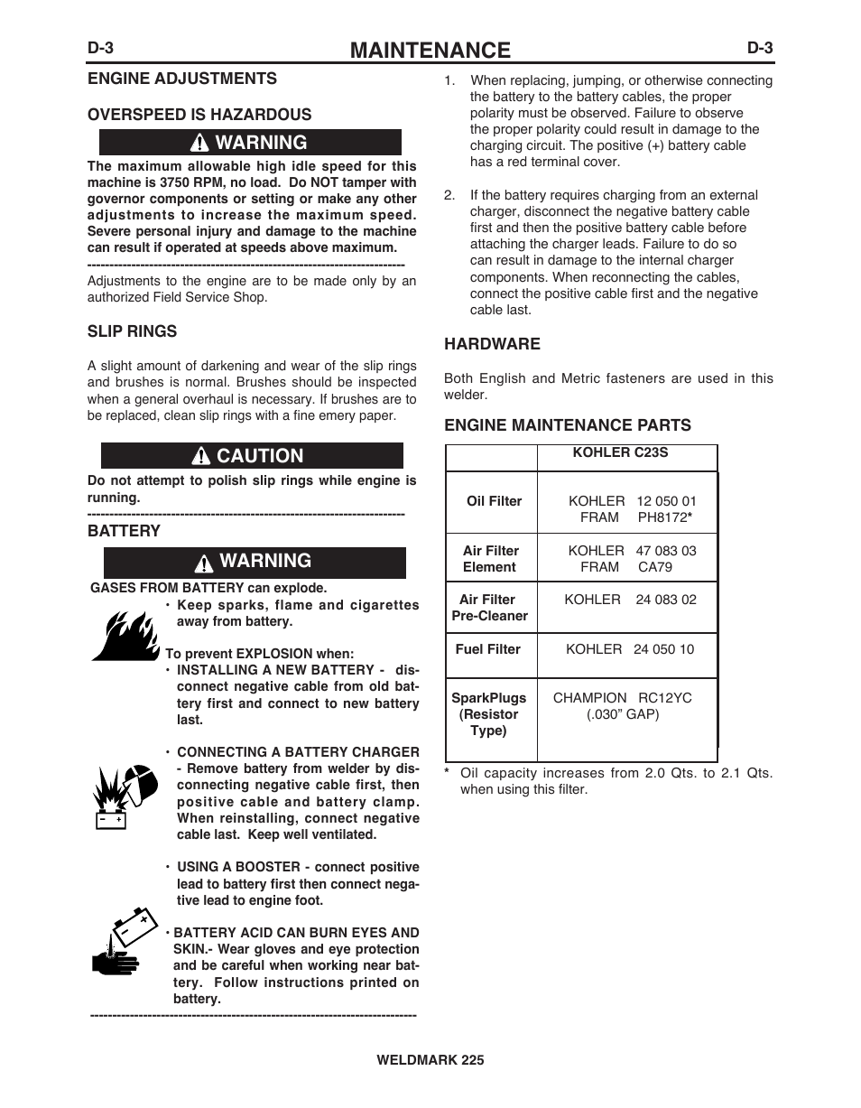 Maintenance, Warning, Warning caution | Lincoln Electric IM927 WELDMARK 225 User Manual | Page 26 / 35