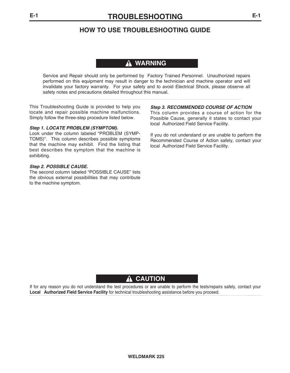 Troubleshooting, Caution, How to use troubleshooting guide | Warning | Lincoln Electric IM927 WELDMARK 225 User Manual | Page 27 / 35