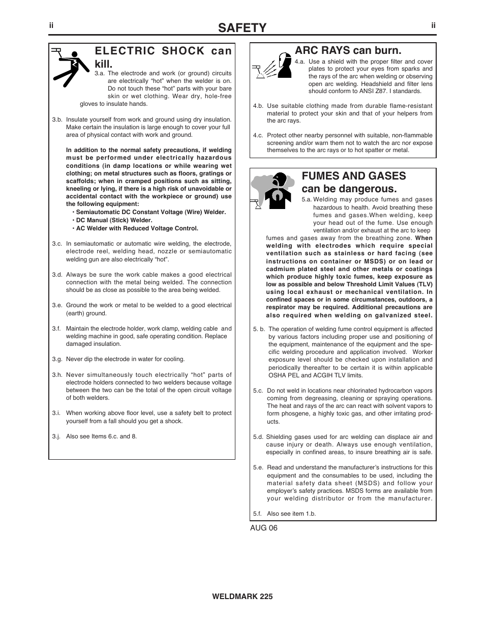 Safety, Arc rays can burn, Electric shock can kill | Fumes and gases can be dangerous | Lincoln Electric IM927 WELDMARK 225 User Manual | Page 3 / 35