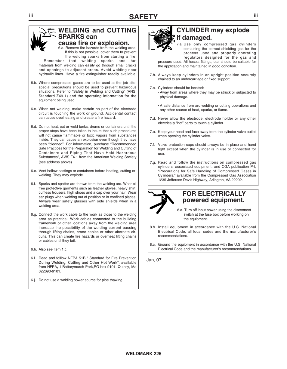 Safety, For electrically powered equipment, Cylinder may explode if damaged | Lincoln Electric IM927 WELDMARK 225 User Manual | Page 4 / 35