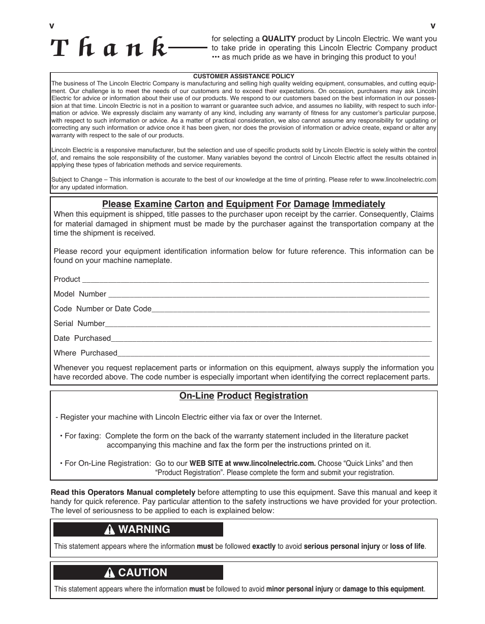 Warning, Caution | Lincoln Electric IM927 WELDMARK 225 User Manual | Page 6 / 35