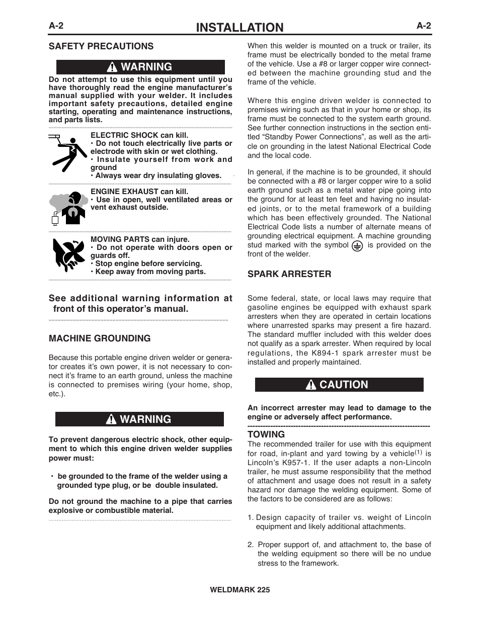 Installation, Caution, Warning | Lincoln Electric IM927 WELDMARK 225 User Manual | Page 9 / 35