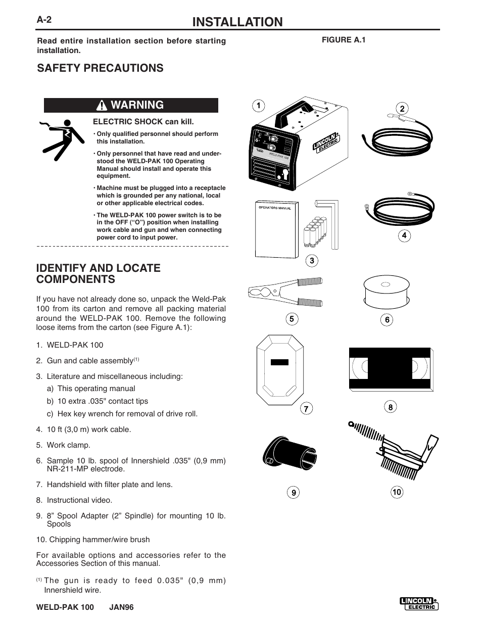 Installation, Safety precautions identify and locate components, Warning | Lincoln Electric IM546 WELD-PAK 100 PLUS User Manual | Page 10 / 60