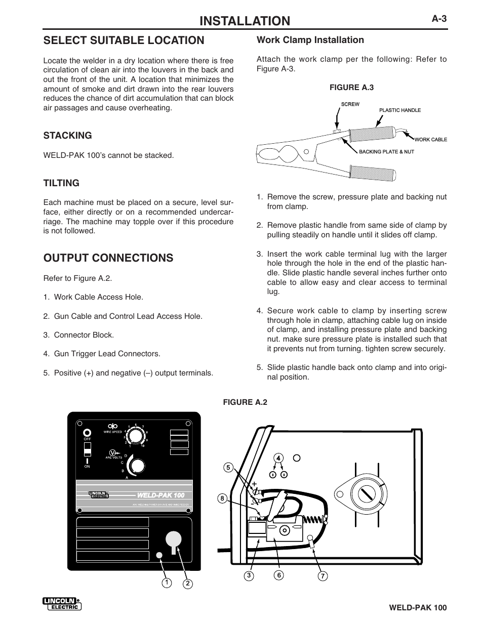 Installation, Select suitable location, Output connections | Stacking, Tilting, Work clamp installation | Lincoln Electric IM546 WELD-PAK 100 PLUS User Manual | Page 11 / 60