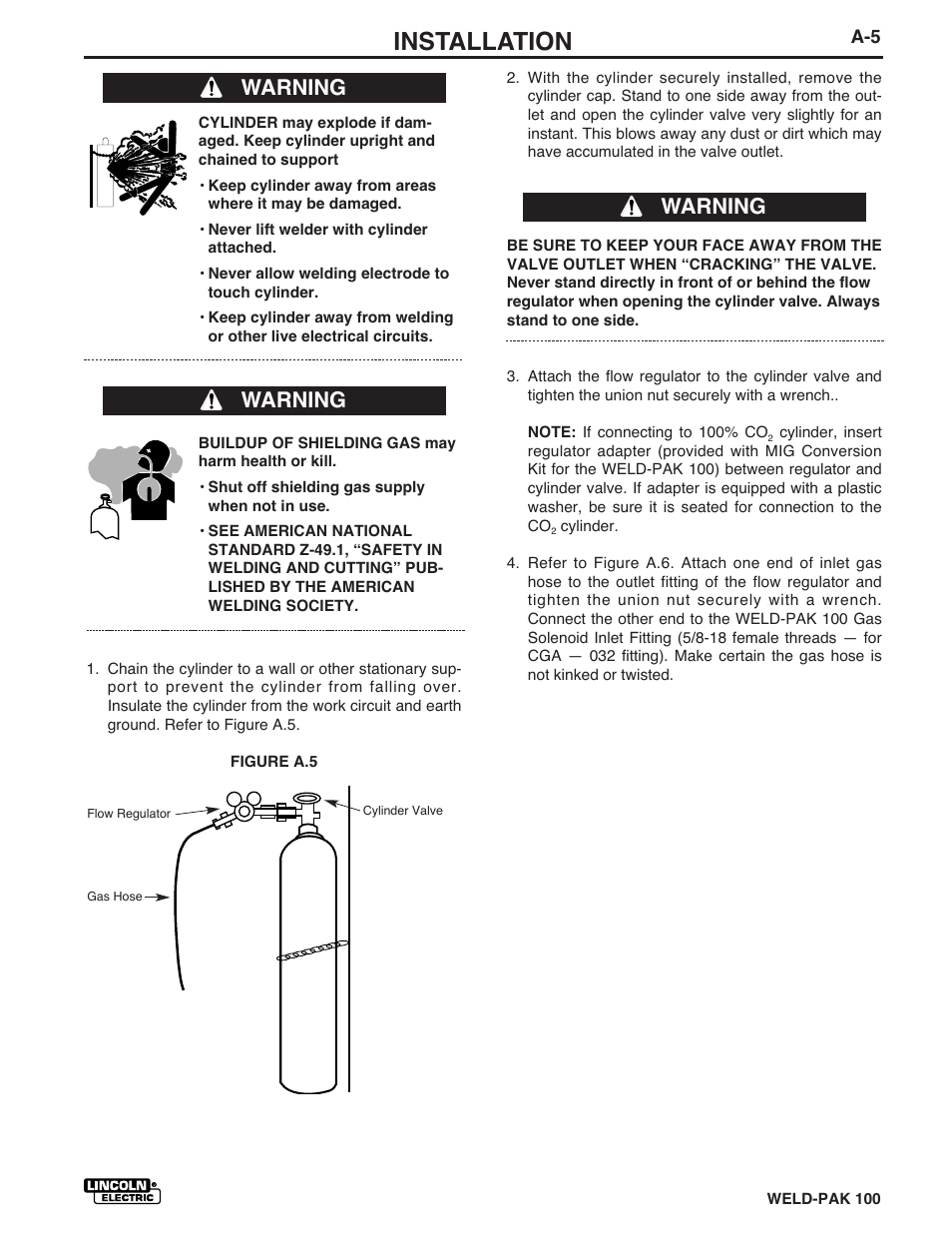 Installation, Warning | Lincoln Electric IM546 WELD-PAK 100 PLUS User Manual | Page 13 / 60