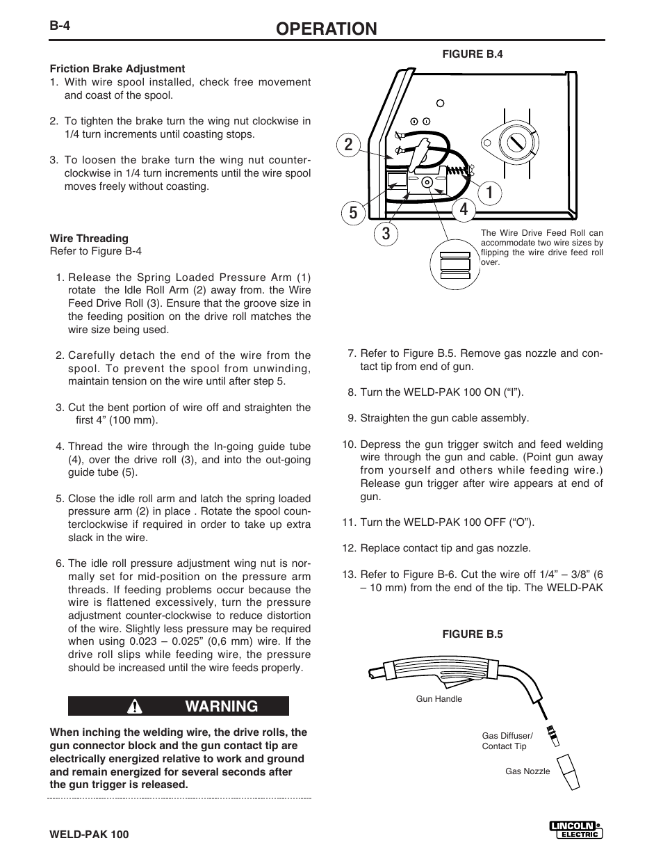 Operation, Warning | Lincoln Electric IM546 WELD-PAK 100 PLUS User Manual | Page 18 / 60