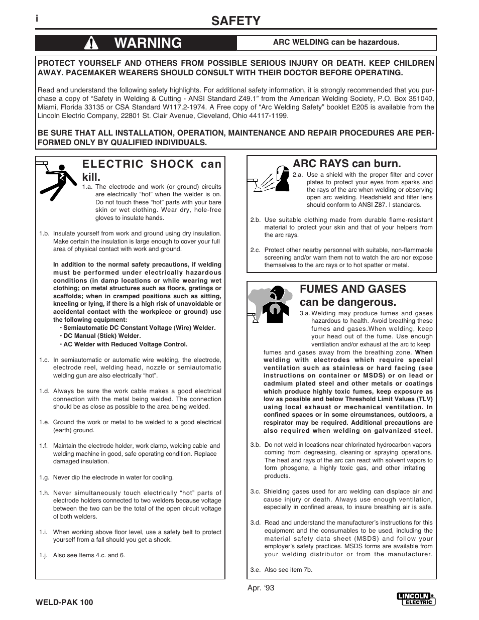 Warning, Safety, Arc rays can burn | Electric shock can kill, Fumes and gases can be dangerous | Lincoln Electric IM546 WELD-PAK 100 PLUS User Manual | Page 2 / 60