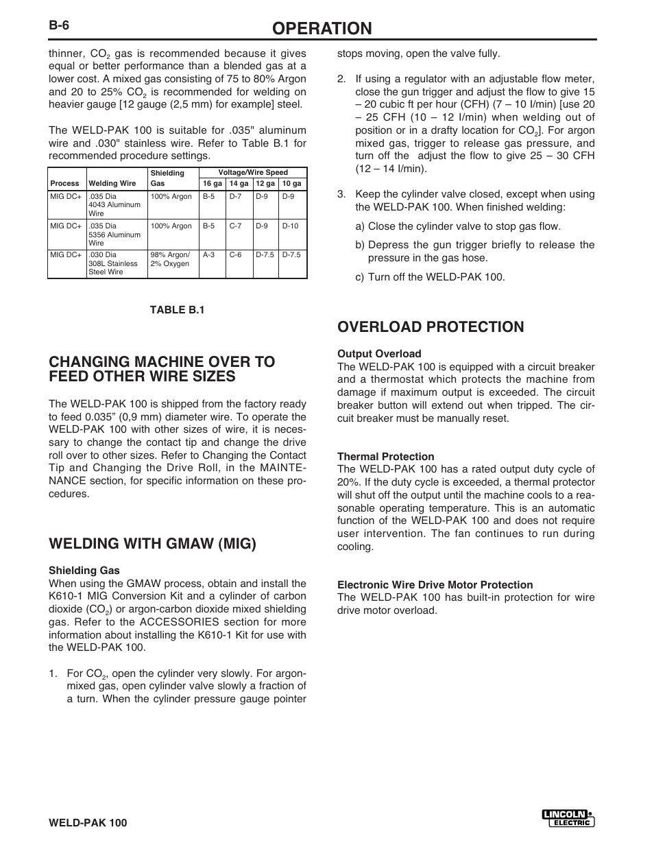 Operation, Changing machine over to feed other wire sizes, Welding with gmaw (mig) | Overload protection | Lincoln Electric IM546 WELD-PAK 100 PLUS User Manual | Page 20 / 60