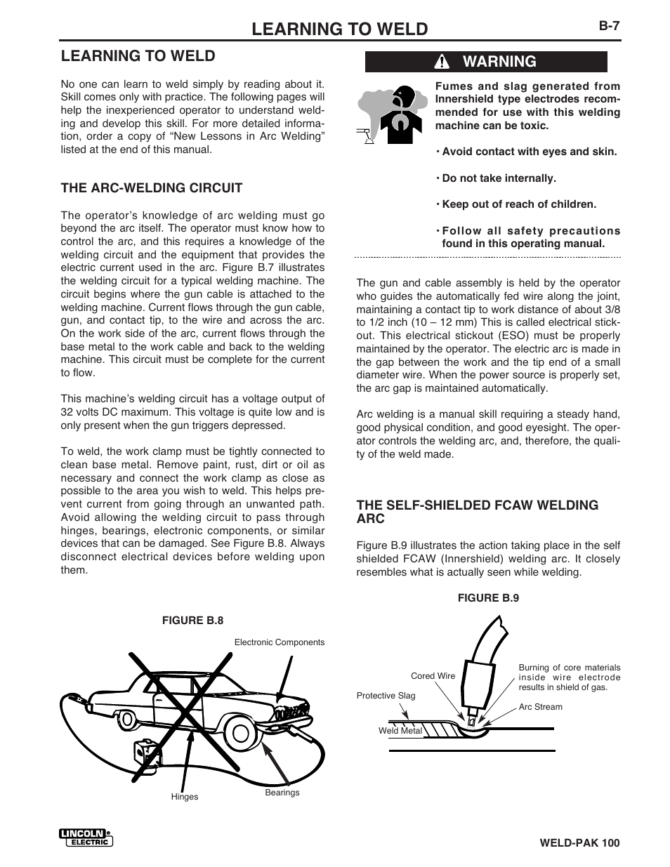 Learning to weld, Warning | Lincoln Electric IM546 WELD-PAK 100 PLUS User Manual | Page 21 / 60