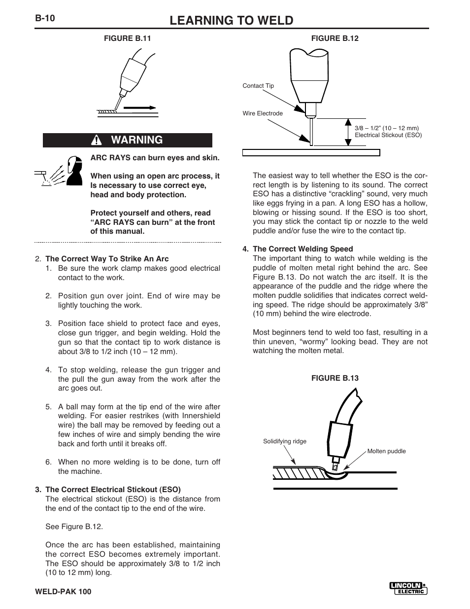 Learning to weld, Warning | Lincoln Electric IM546 WELD-PAK 100 PLUS User Manual | Page 24 / 60