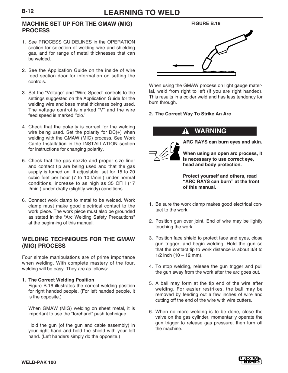 Learning to weld, Warning | Lincoln Electric IM546 WELD-PAK 100 PLUS User Manual | Page 26 / 60