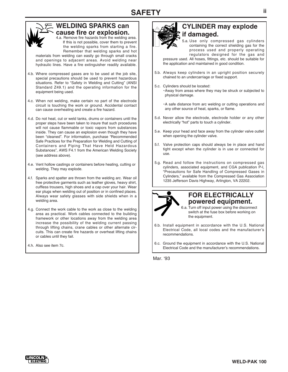 Safety, For electrically powered equipment, Cylinder may explode if damaged | Welding sparks can cause fire or explosion | Lincoln Electric IM546 WELD-PAK 100 PLUS User Manual | Page 3 / 60