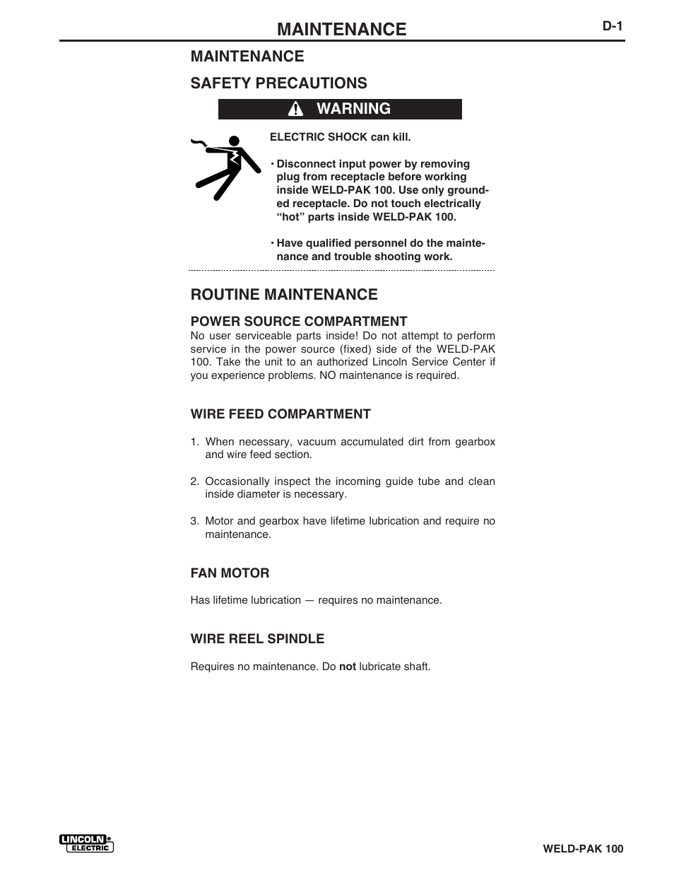 Maintenance, Maintenance safety precautions, Routine maintenance | Warning | Lincoln Electric IM546 WELD-PAK 100 PLUS User Manual | Page 35 / 60