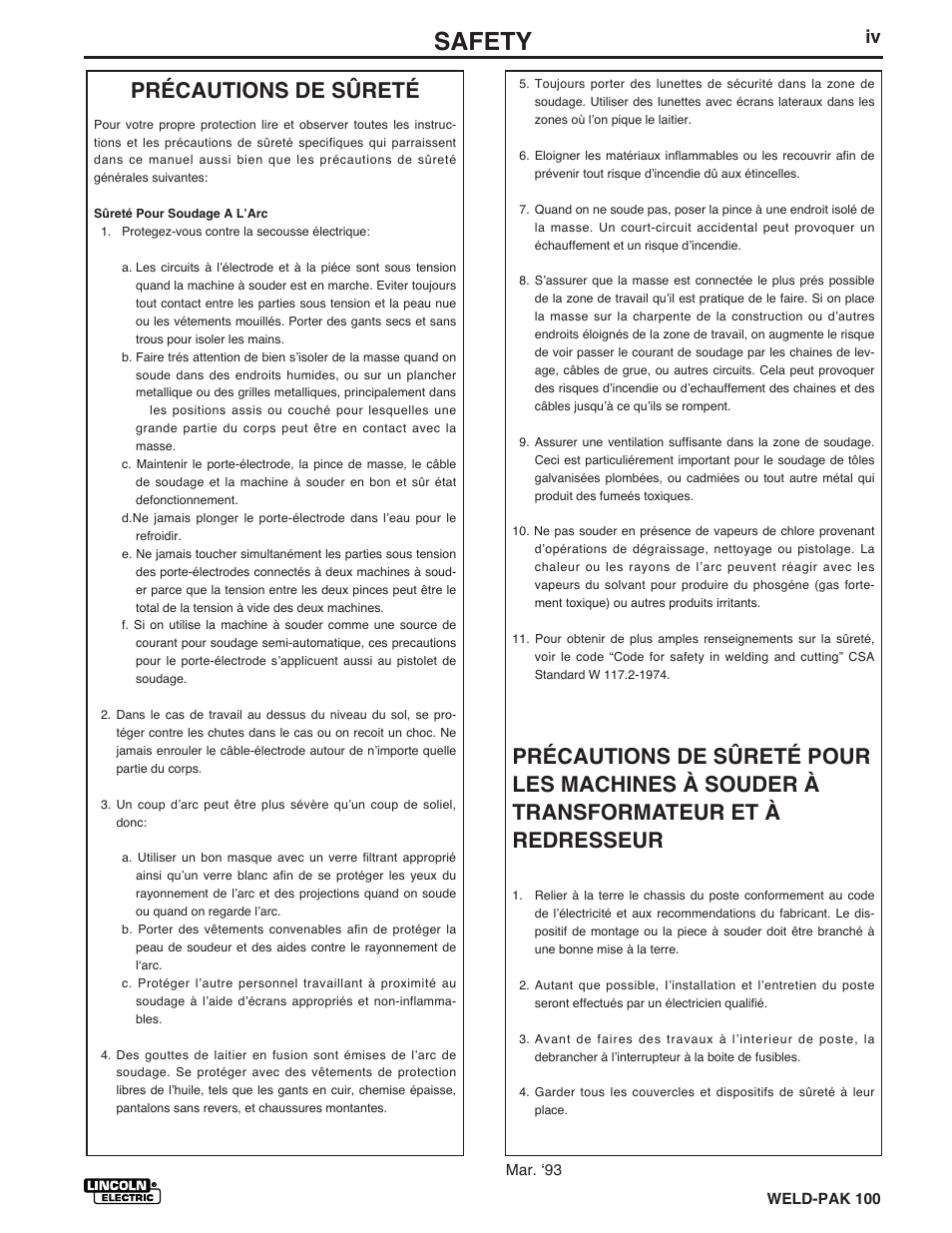 Safety, Précautions de sûreté | Lincoln Electric IM546 WELD-PAK 100 PLUS User Manual | Page 5 / 60