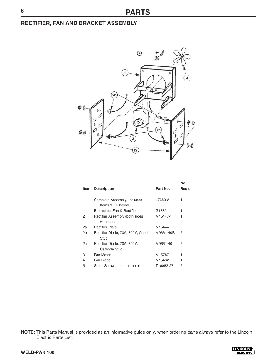 Parts, Rectifier, fan and bracket assembly | Lincoln Electric IM546 WELD-PAK 100 PLUS User Manual | Page 52 / 60