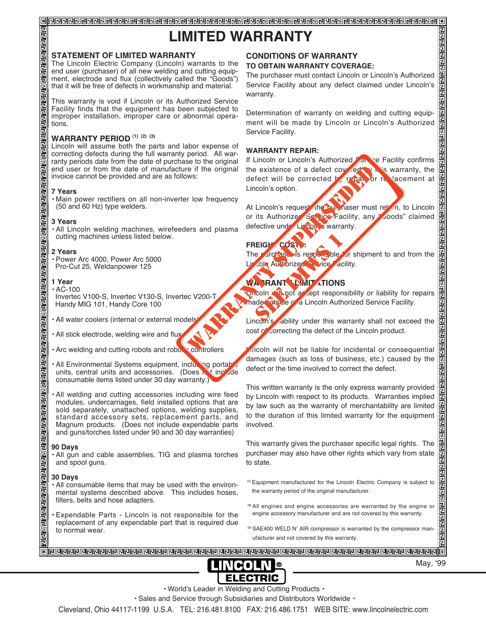 Warranty superseded see imws 1, Limited warranty | Lincoln Electric IM546 WELD-PAK 100 PLUS User Manual | Page 60 / 60