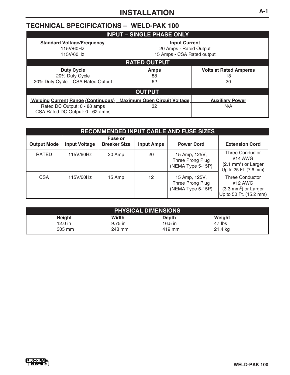 Installation, Technical specifications – weld-pak 100 | Lincoln Electric IM546 WELD-PAK 100 PLUS User Manual | Page 9 / 60