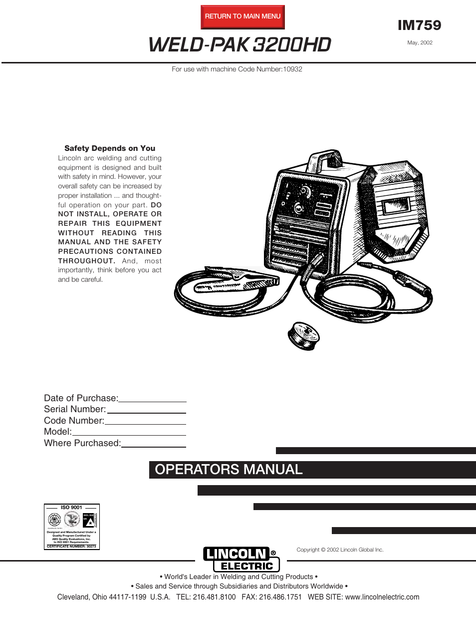 Lincoln Electric IM759 WELD-PAK 3200HD User Manual | 48 pages