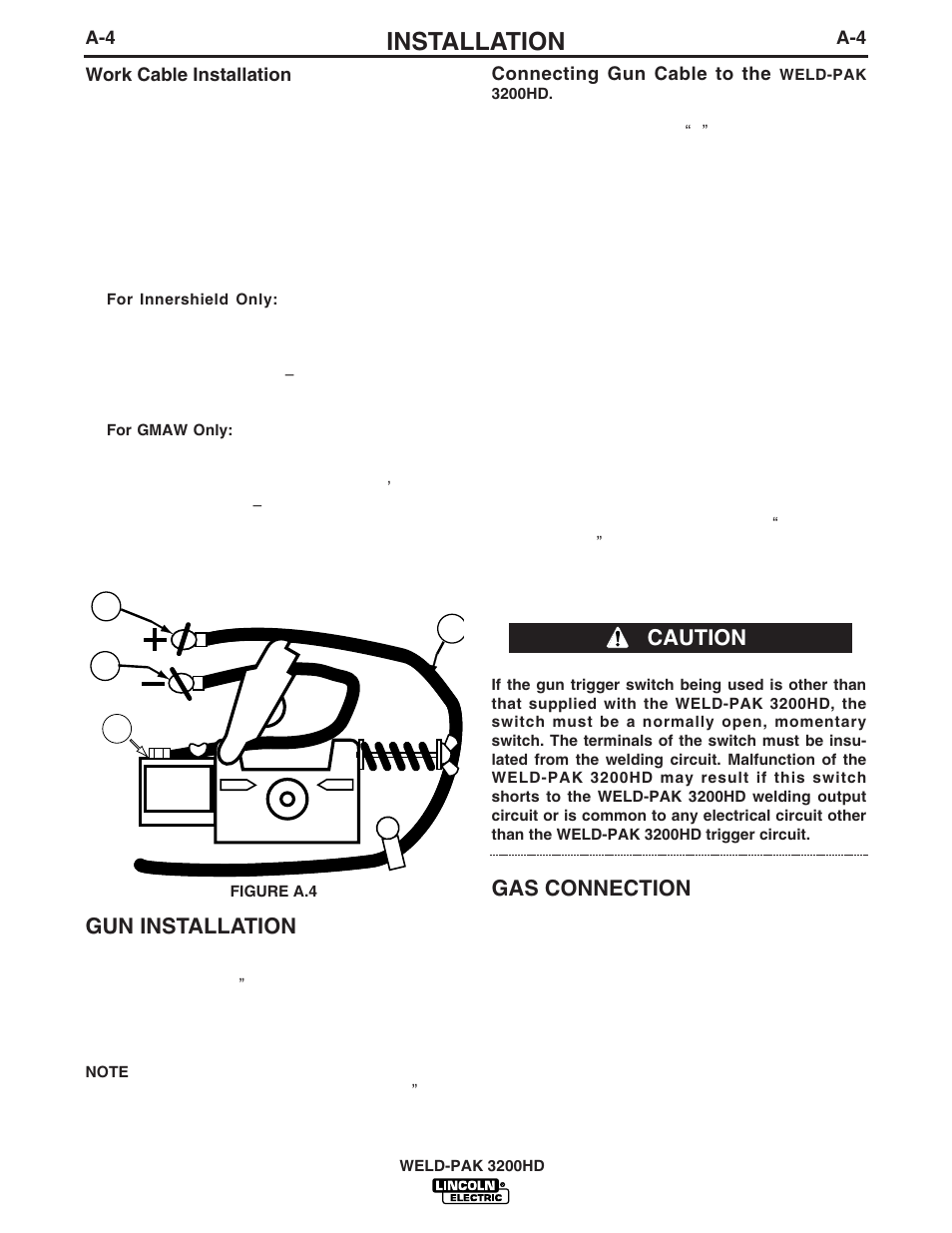 Installation, Gas connection, Gun installation | Caution | Lincoln Electric IM759 WELD-PAK 3200HD User Manual | Page 11 / 48