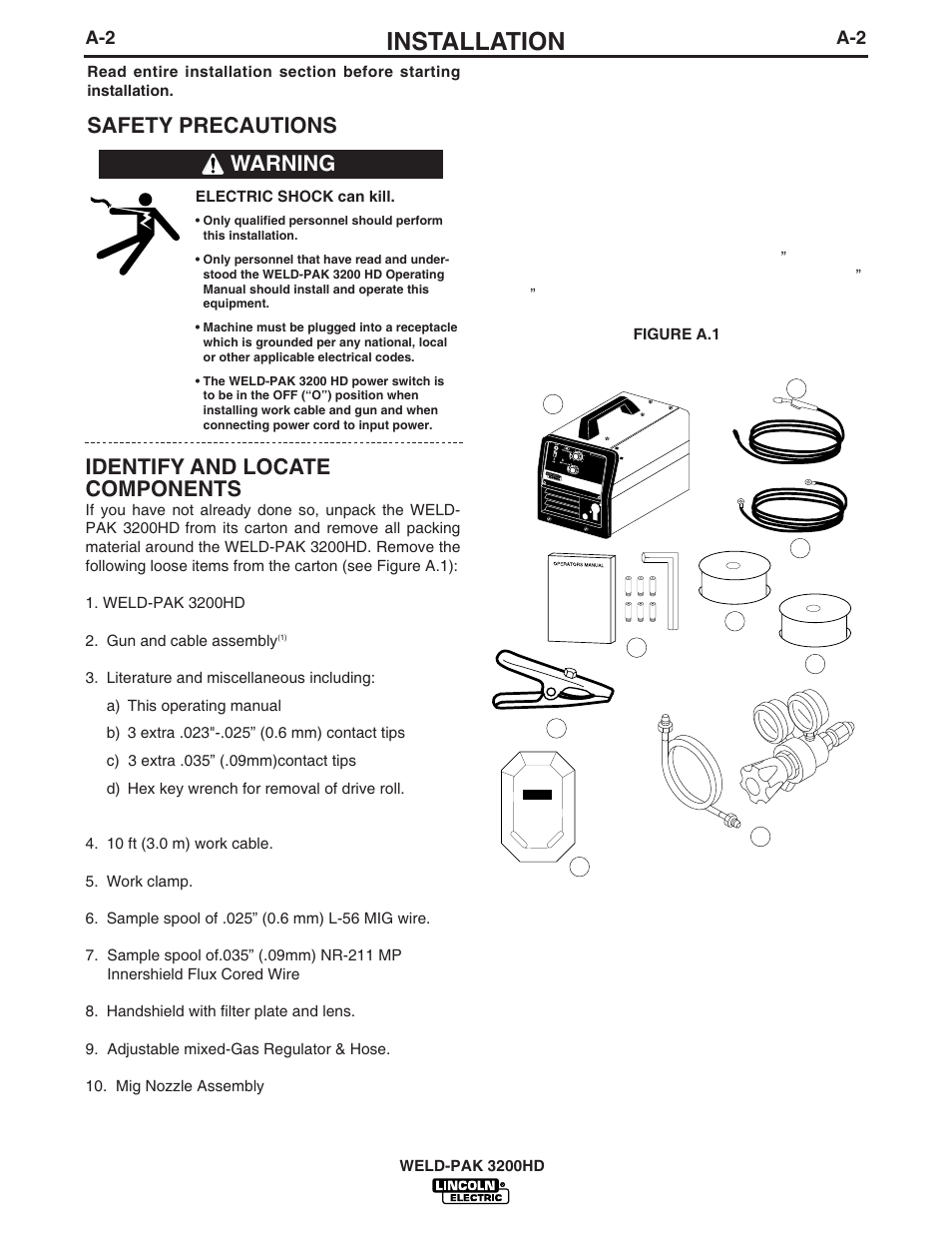 Installation, Safety precautions identify and locate components, Warning | Lincoln Electric IM759 WELD-PAK 3200HD User Manual | Page 9 / 48