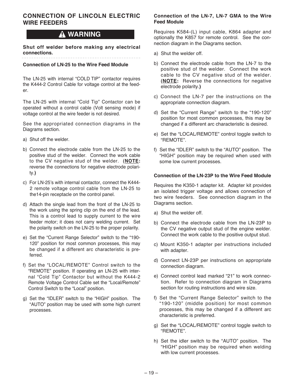 Warning | Lincoln Electric IM513 WIRE FEED MODULE User Manual | Page 19 / 44