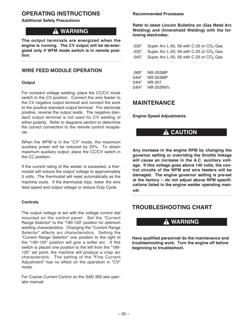 Operating instructions, Maintenance, Warning caution troubleshooting chart | Warning | Lincoln Electric IM513 WIRE FEED MODULE User Manual | Page 20 / 44