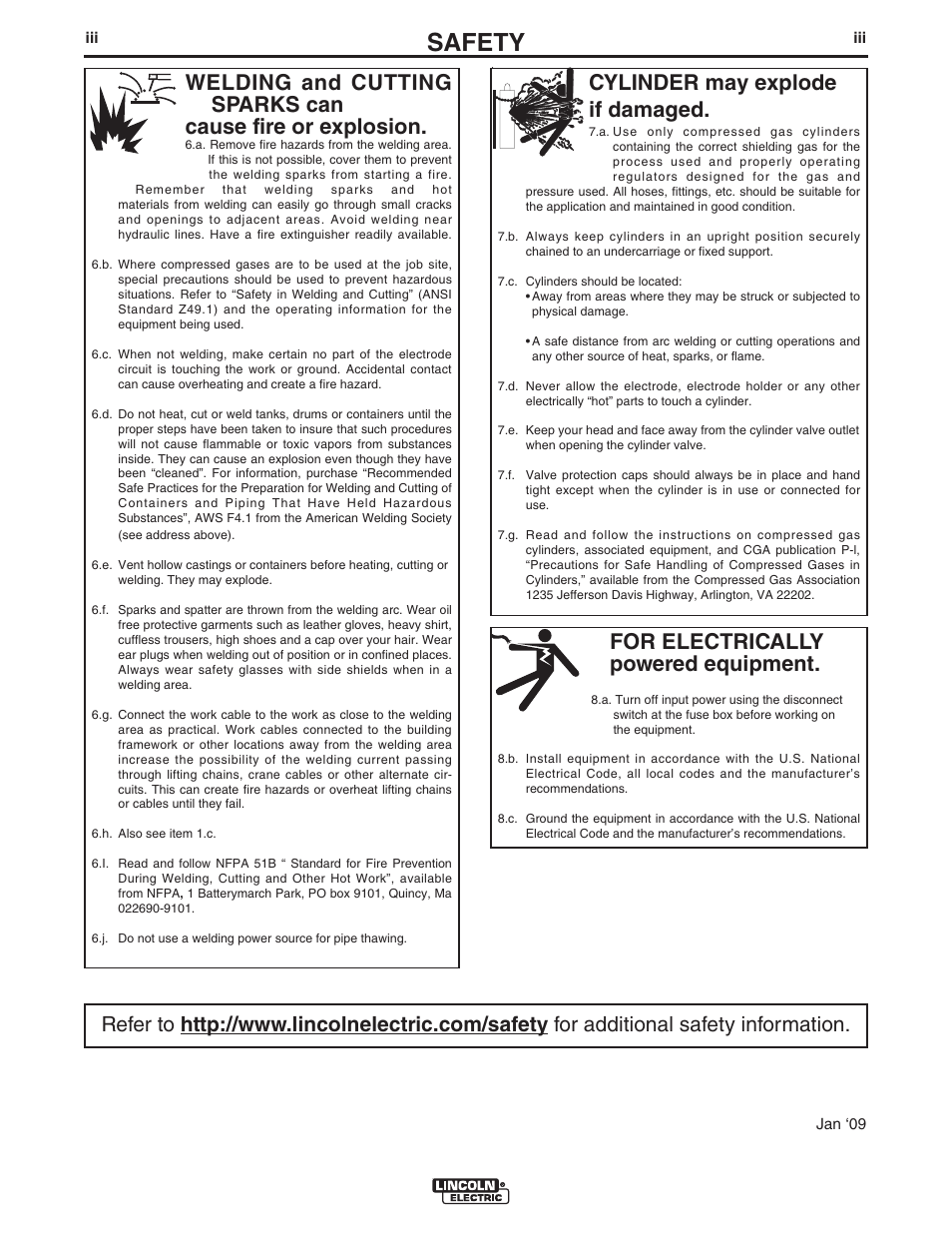 Safety, For electrically powered equipment, Cylinder may explode if damaged | Lincoln Electric IM513 WIRE FEED MODULE User Manual | Page 4 / 44