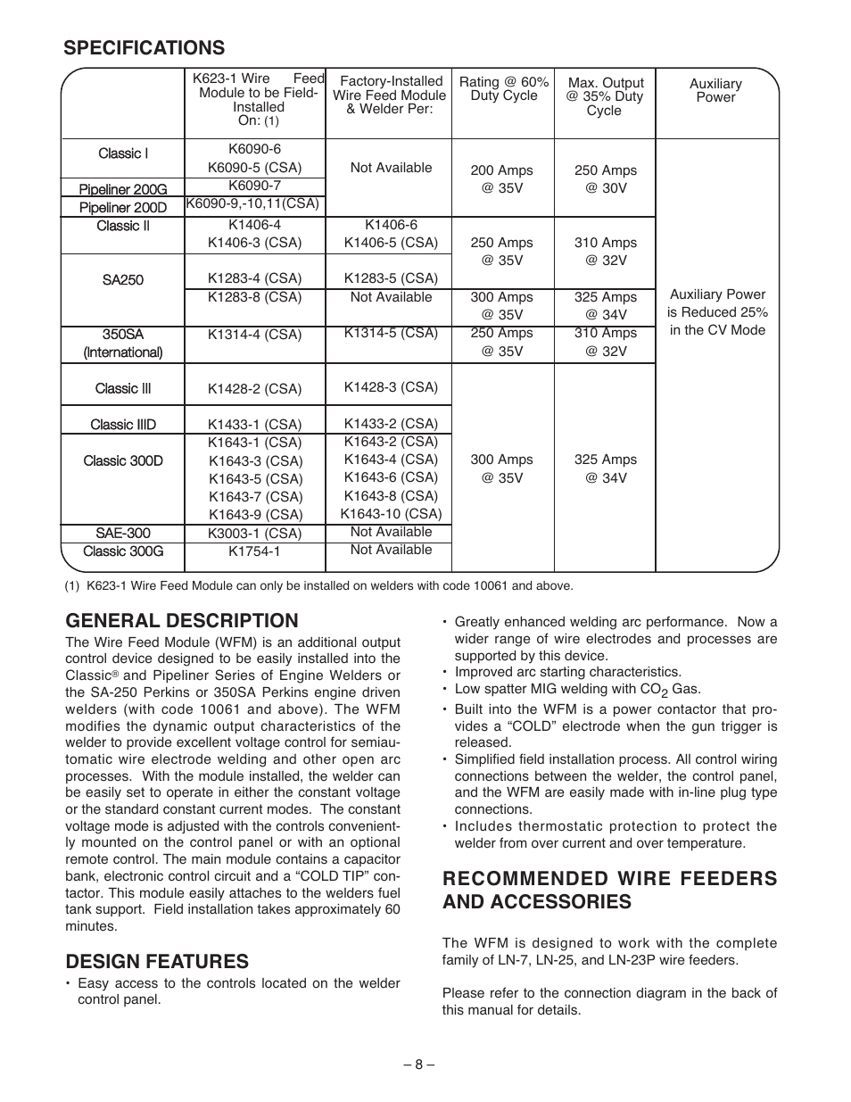 General description, Design features, Recommended wire feeders and accessories | Specifications | Lincoln Electric IM513 WIRE FEED MODULE User Manual | Page 8 / 44