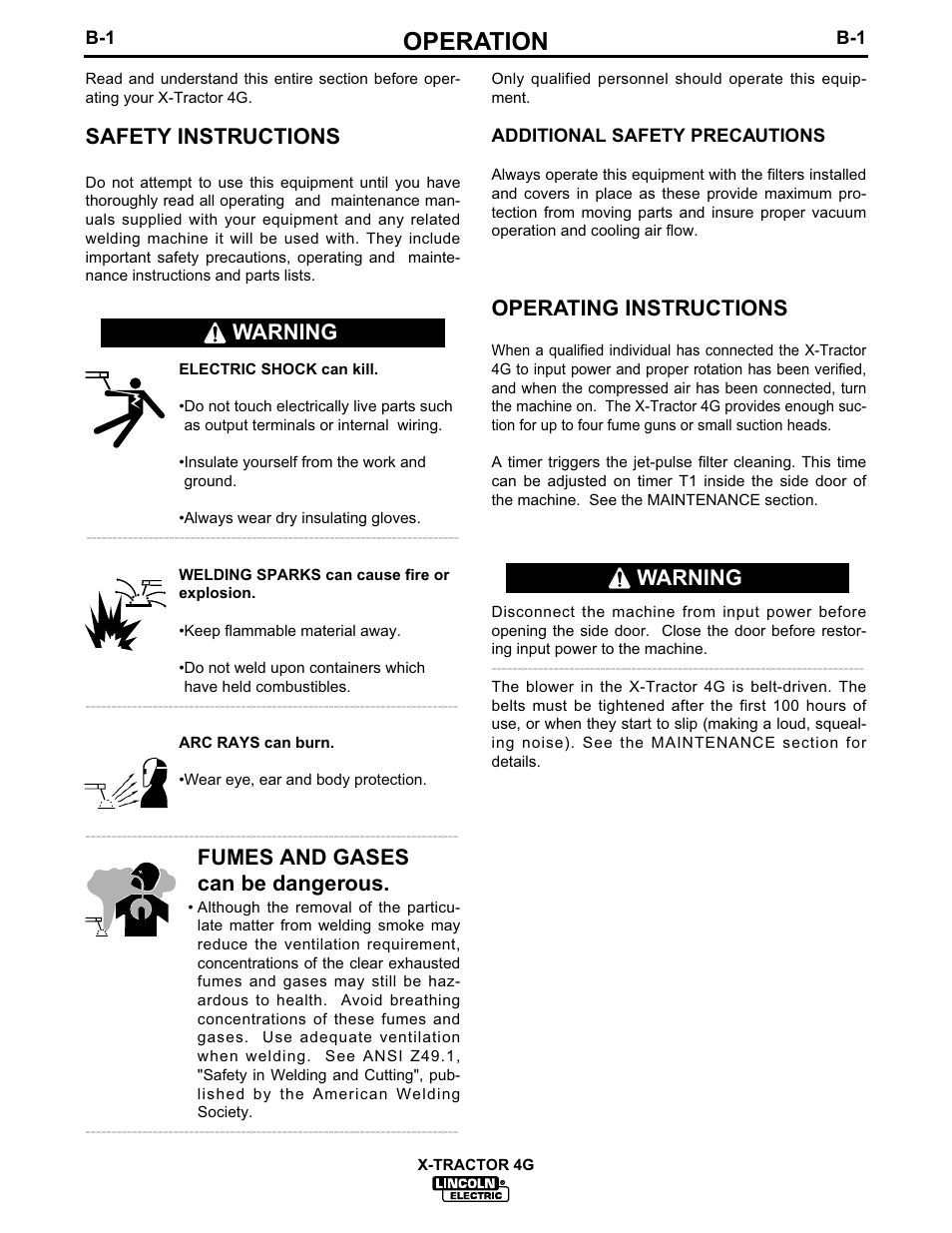 Operation, Safety instructions, Fumes and gases can be dangerous | Operating instructions, Warning | Lincoln Electric IM608 X-TRACTOR 4G User Manual | Page 11 / 18