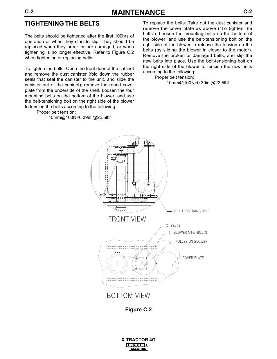 Maintenance, Tightening the belts | Lincoln Electric IM608 X-TRACTOR 4G User Manual | Page 13 / 18