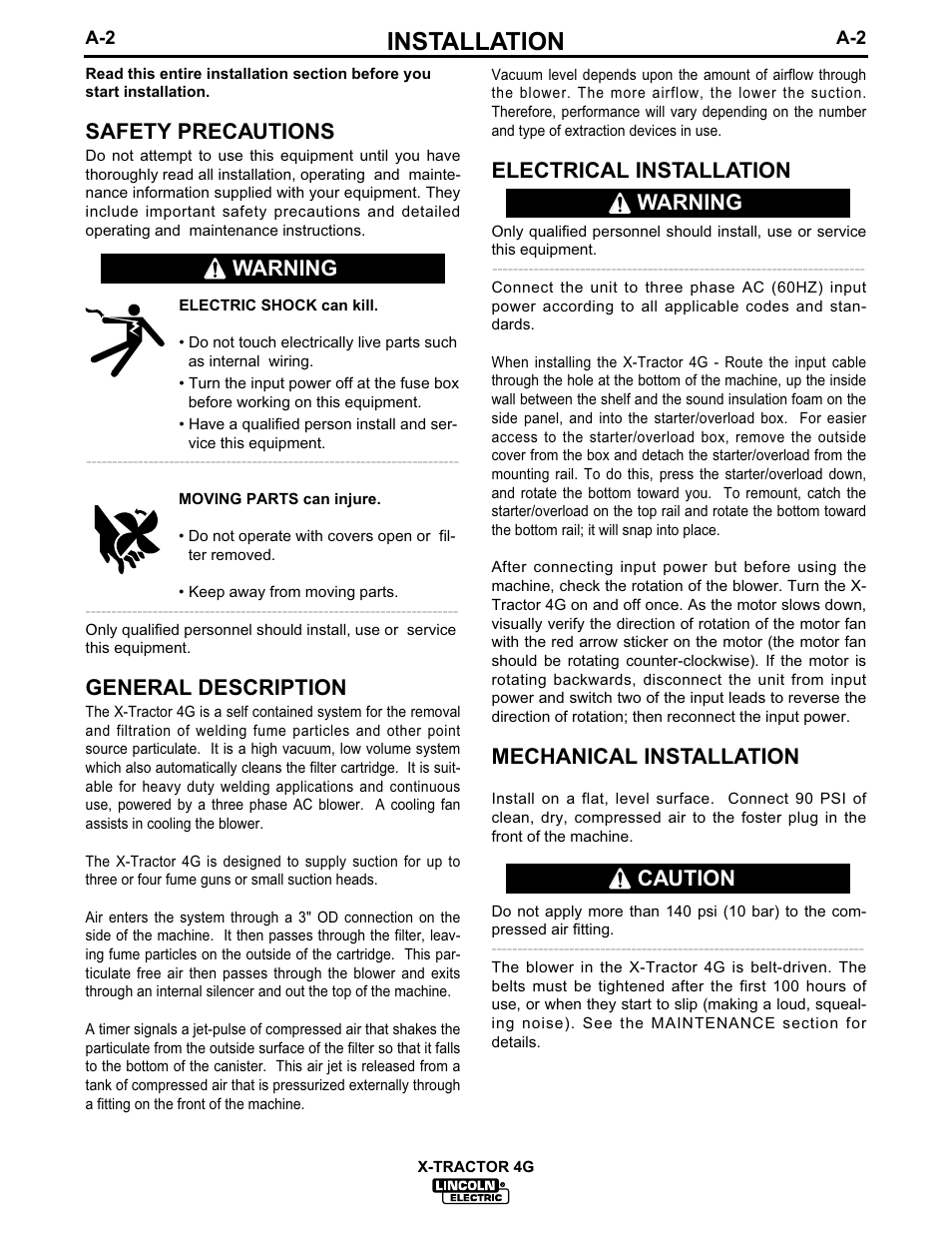 Installation, Safety precautions, General description | Electrical installation, Mechanical installation, Warning caution warning | Lincoln Electric IM608 X-TRACTOR 4G User Manual | Page 9 / 18