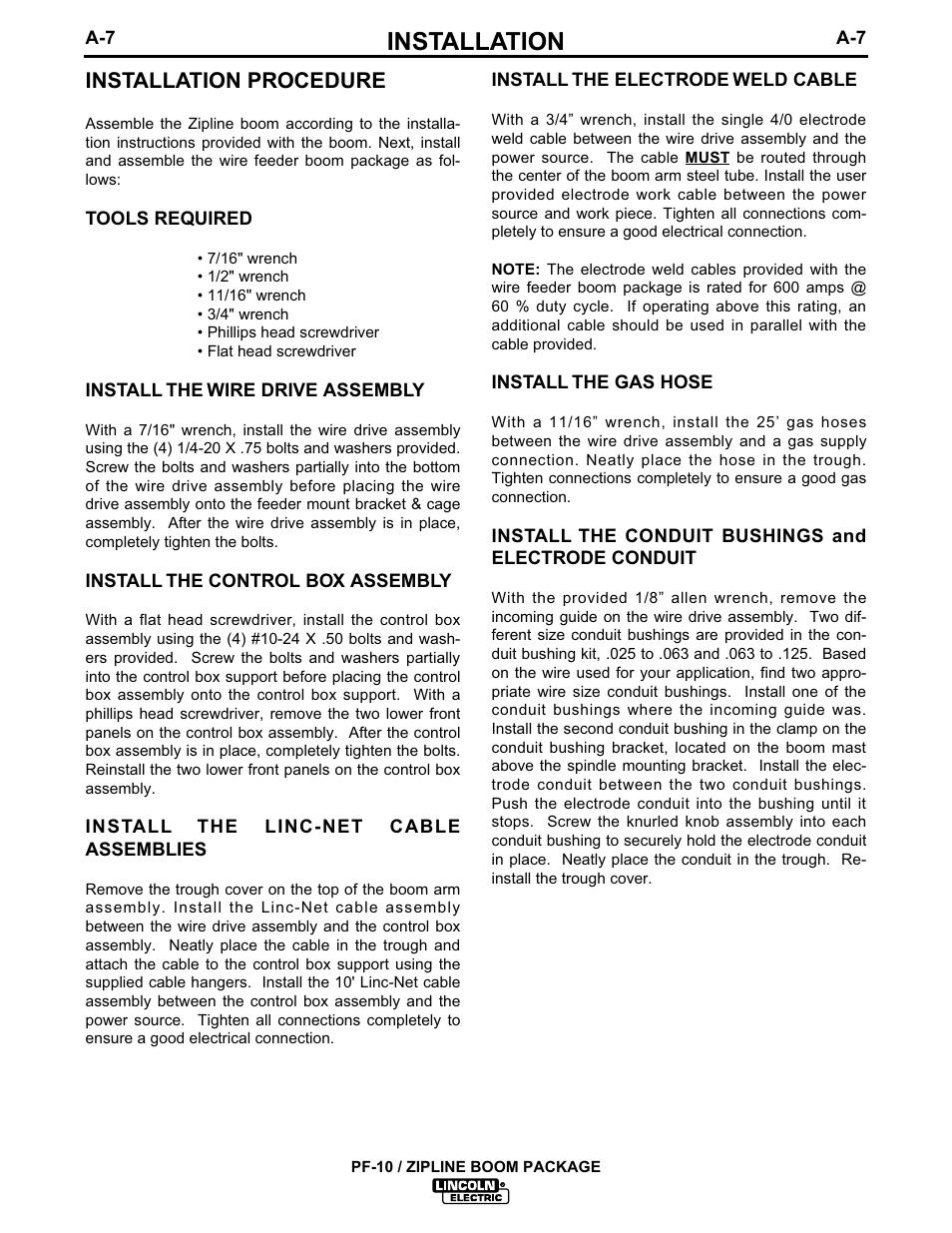 Installation, Installation procedure | Lincoln Electric IM596-1 PF-10_ZIPLINE BOOM PACKAGE User Manual | Page 11 / 23