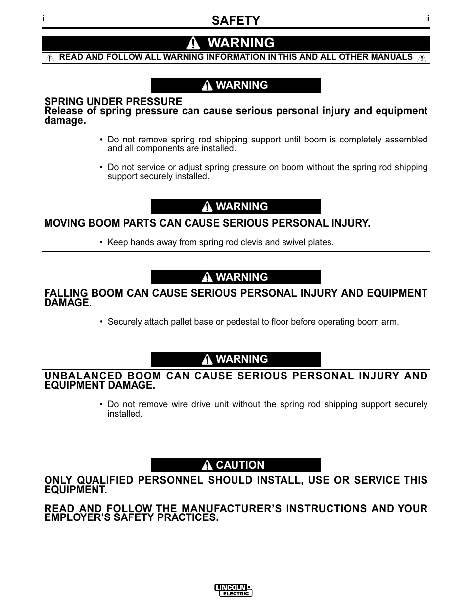 Warning, Safety | Lincoln Electric IM596-1 PF-10_ZIPLINE BOOM PACKAGE User Manual | Page 2 / 23