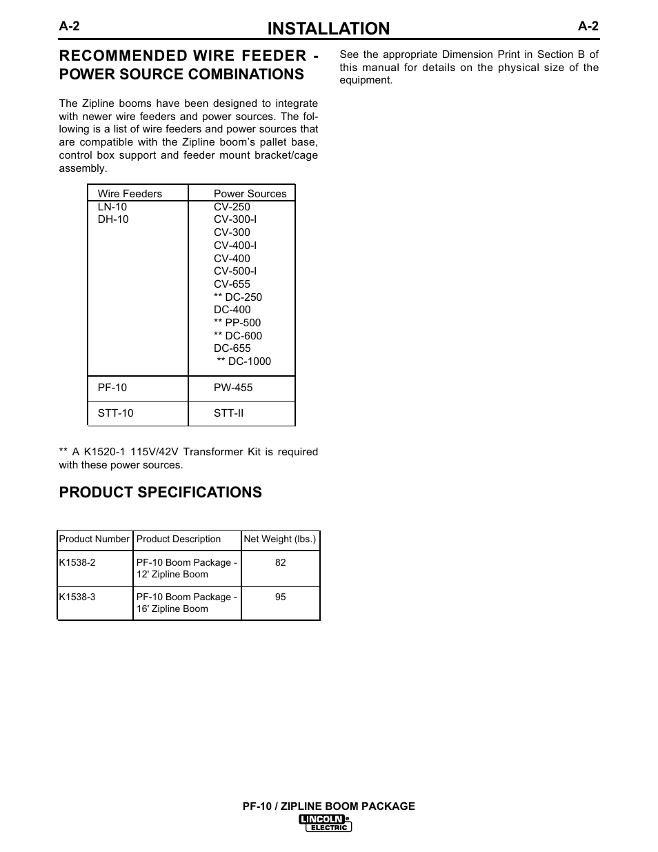 Installation, Product specifications | Lincoln Electric IM596-1 PF-10_ZIPLINE BOOM PACKAGE User Manual | Page 6 / 23