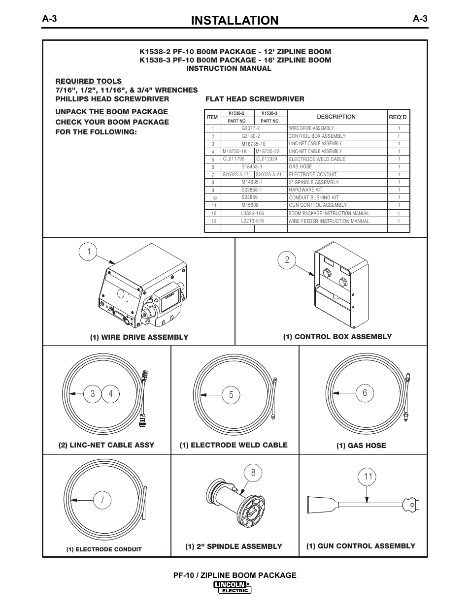 Installation, Pf-10 / zipline boom package | Lincoln Electric IM596-1 PF-10_ZIPLINE BOOM PACKAGE User Manual | Page 7 / 23